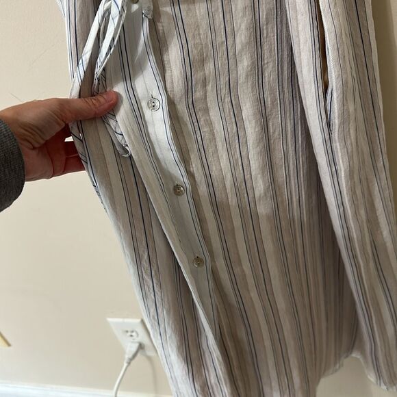 NWT Vince Womens Dress White Blue Drapey Stripe Shirred Short Sleeve Midi $375 - Picture 7 of 11